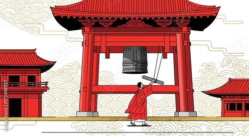 Illustration depicting a monk ringing a temple bell within traditional Japanese architecture setting