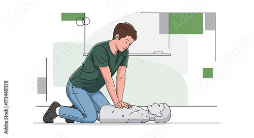 Illustration depicting a person practicing cardiopulmonary resuscitation on a mannequin