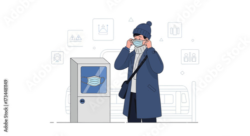 Illustration depicting a person putting on a face mask in a public transportation setting