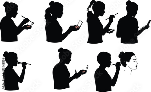 PrintSilhouette women applying makeup with brush, cosmetic palette, beauty routine, fashion style, face care, professional cosmetics, skincare illustration vector