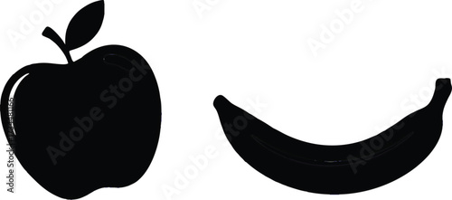 Black silhouette of an apple and a banana on a white background