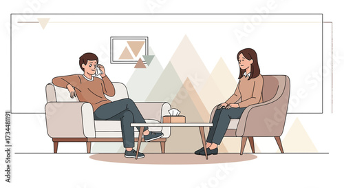 Illustration depicting a psychotherapy session with a patient talking on the phone in session
