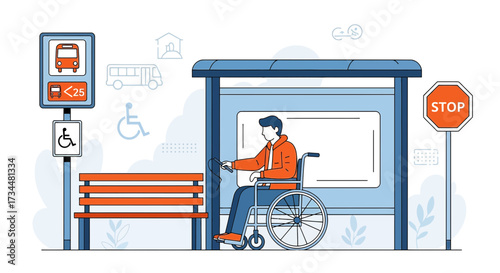 Illustration Depicting Accessibility with a Man in Wheelchair at a Bus Stop for Inclusivity