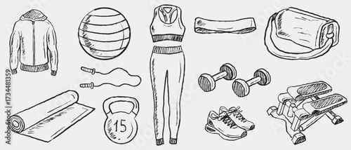 Hand drawn sport equipment for going to gym. Fitness suit, training mat, sneakers, dumbbells, stepper. Vector sketch illustration in vintage crayon charcoal style