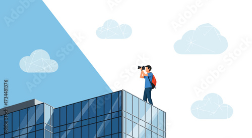 Illustration featuring a photographer standing atop a modern building capturing clouds in the sky