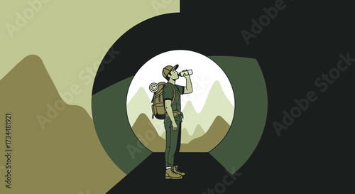 Illustration of a Hiker Drinking Water in the Mountains with Creative Design Elements