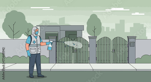 Illustration of a healthcare worker sanitizing a gate to prevent the spread of viruses