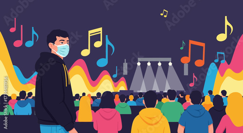 Illustration of a live music event during a pandemic with mask protection measures for a joyful