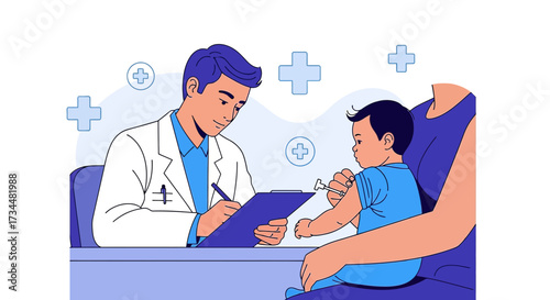 Illustration of a male doctor administering a vaccine to a baby with mother present healthcare