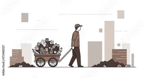 Illustration of a man pulling a cart full of garbage in an urban environment showcasing waste