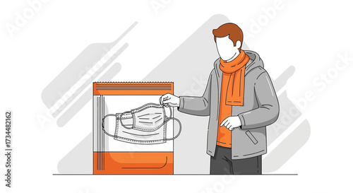 Illustration of a Man Taking a Protective Mask from a Package during Cold Season