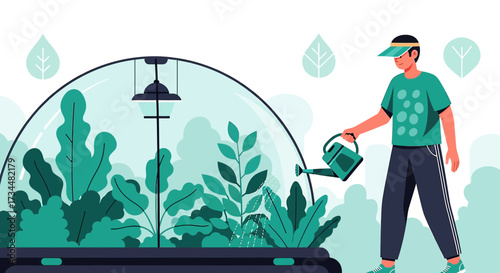Illustration of a man watering plants in a terrarium in a vibrant and minimalist style