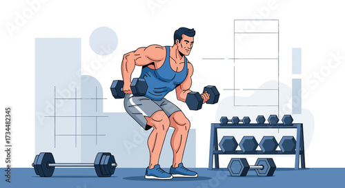 Illustration of a muscular man lifting dumbbells in a gym for fitness concept