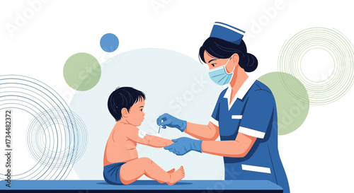 Illustration of a nurse administering vaccine to a child protecting health and wellness through