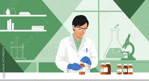 Illustration of a pharmaceutical researcher in a laboratory environment doing research related to