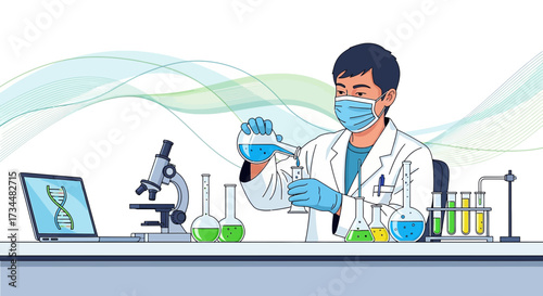 Illustration of a scientist conducting research in a lab, wearing a face mask and gloves,