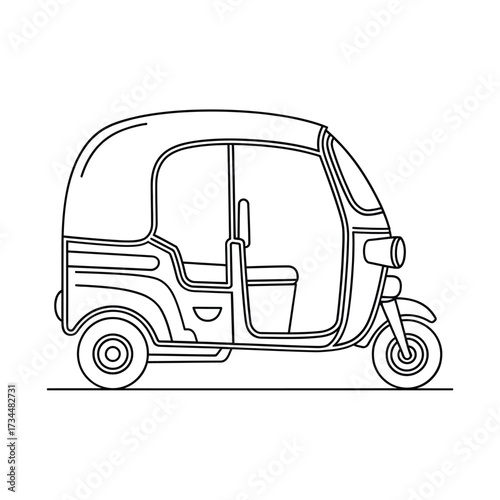 Line art illustration of a classic auto rickshaw vehicle
