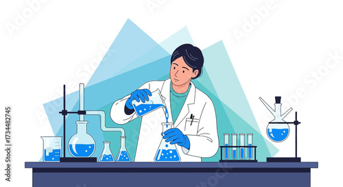 Illustration of a scientist performing an experiment in a laboratory setting with various equipment