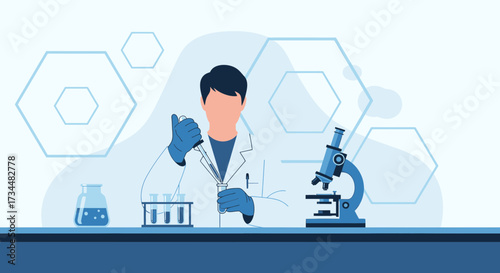 Illustration of a scientist performing experiments in a laboratory environment in blue tones