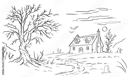 Hand drawn Spooky Haunted House with Bare Tree – Halloween Line Art Illustration
