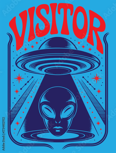 Detailed psychedelic illustration featuring a large stylized alien UFO with swirling lights as the centerpiece. The word “VISITOR” is warped into custom curvy letterforms, forming the main structure 