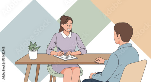 Illustration of a woman conducting an interview with a man in a modern office space