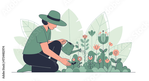 Illustration of a woman gardening and watering flowers, embodying nature's tranquility and the joy