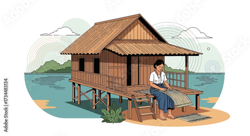 Illustration of a woman weaving a mat in a stilt house by the water depicts traditional life