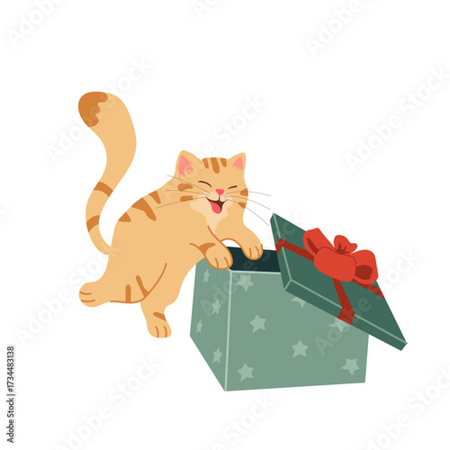 A playful orange cat peeks into a green Christmas box adorned with a red bow. Its excited expression reveals the thrill of discovery during the holiday season.