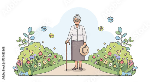 Illustration of an elderly woman enjoying a stroll through a colorful flower garden during