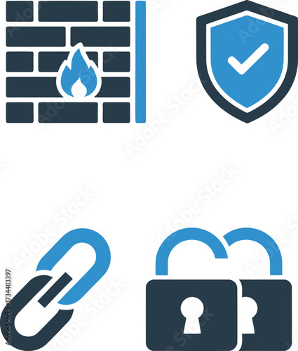 Cybersecurity icon set: firewall with flame, verified shield, chain link, and dual open padlocks