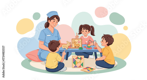 Illustration of nurse playing educational games with children in nursery school setting providing
