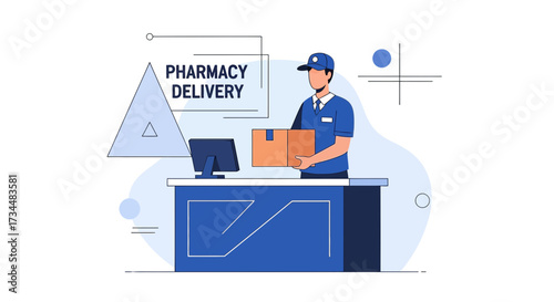 Illustration of pharmacy delivery service with courier holding box near counter and computer