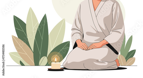 Illustration of person meditating with a candle and plants promoting inner peace and mindfulness