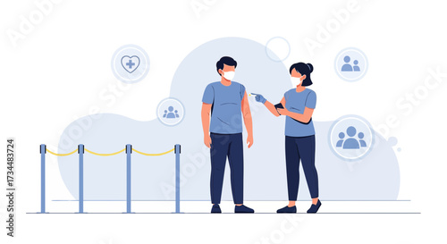 Illustration of vaccination process with doctor injecting vaccine to patient with queue line