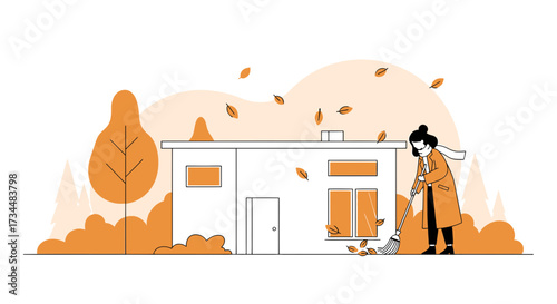 Illustration of woman raking leaves in autumn cleaning yard in front of modern house