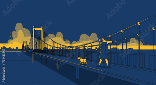 Illustration of woman walking a dog on a bridge at dusk with city skyline and clouds