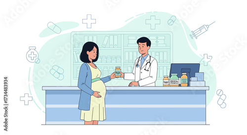 Illustrative depiction of a pregnant woman receiving medication advice from a pharmacist