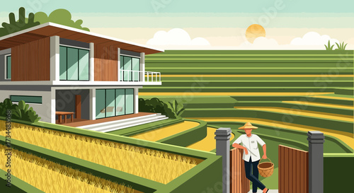 Illustrative depiction of a modern house amidst vibrant terraced rice fields and a farmer