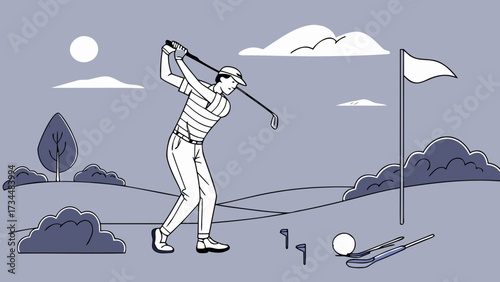 Artistic Rendering of a Golf Ball's Flight Path Over Fairway