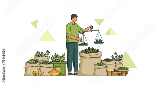 Illustrative vector of a farmer balancing crops harvested in a market setting or farm