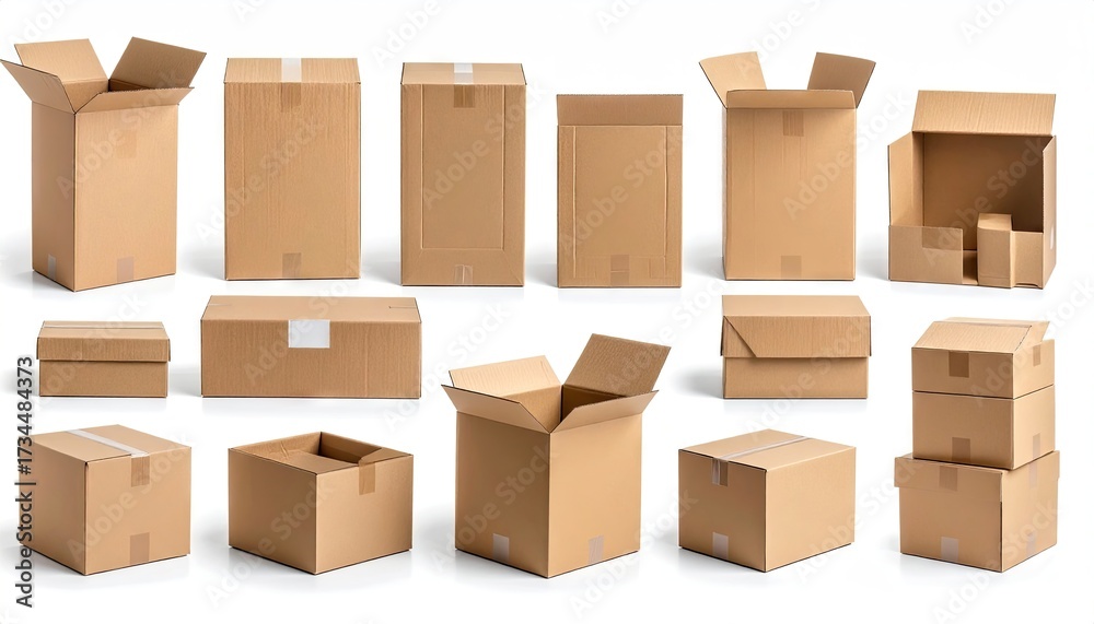 Fototapeta premium Collection of Various Brown Cardboard Boxes on White Backdrop with Shadow Overhead Lighting Product Packaging Boxes Shipping Container Moving Boxes Logistics Concept