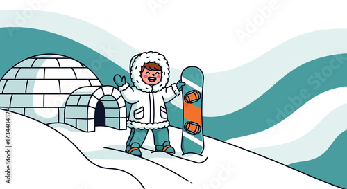 Joyful cartoon illustration of a child ready to snowboard next to an igloo in winter scenery