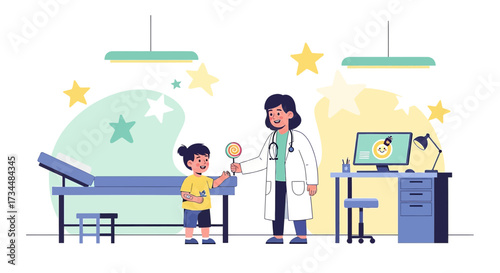 Kind pediatrician gives a lollipop to a young patient in a colorful and bright examination room