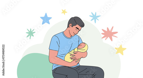 Loving father holding his newborn baby surrounded by stars, embracing parenthood and family bliss