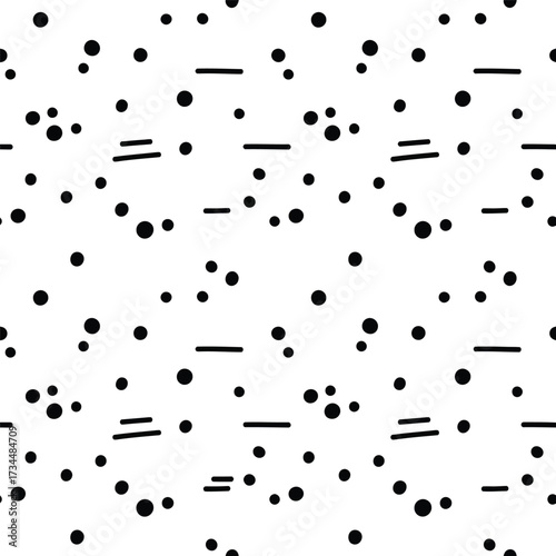 Monochrome seamless pattern with scattered dots and dashes for geometric abstract background and textile print design