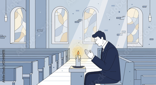 Man in contemplative prayer within a serene church setting illuminated by a candle's gentle glow