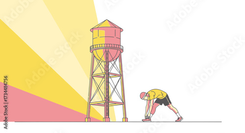 Man preparing for a run near water tower with a vibrant sunburst illustration
