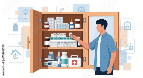Man organizing medication from a filled medicine cabinet in a vector illustration