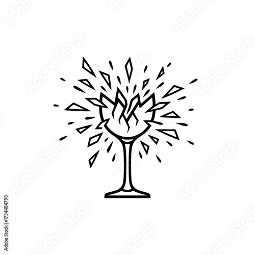 A dramatic line art icon of a wine glass shattering violently, with shards flying outwards. Symbolizes breakage, impact, or sudden destruction.